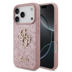 Guess PU Fixed Glitter 4G Metal Frame hoesje voor iPhone 17 Pro en iPhone 18 Pro - Roze
