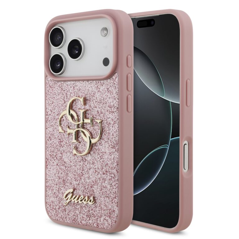 Guess PU Fixed Glitter 4G Metal Frame hoesje voor iPhone 17 Pro en iPhone 18 Pro - Roze