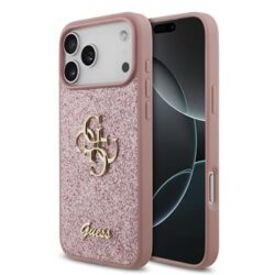 Guess PU Fixed Glitter 4G Metal Logo hoesje voor iPhone 17 Pro Max en iPhone 18 Pro Max - Roze