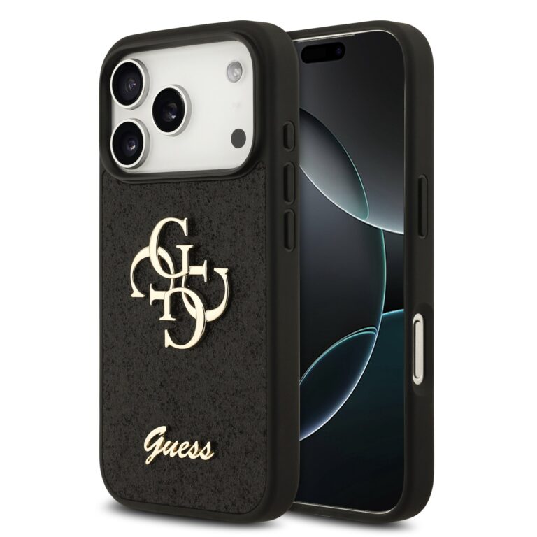 Guess PU Fixed Glitter 4G Metal Logo hoesje voor iPhone 17 Pro en iPhone 18 Pro - Zwart