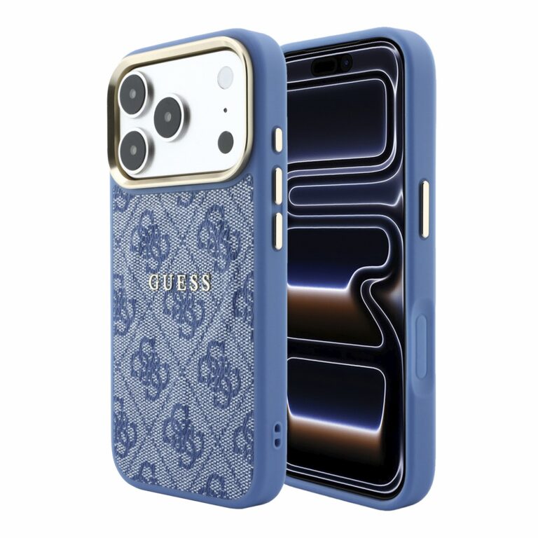 Guess PU Leather 4G Gold Frame Embossed MagSafe hoesje voor iPhone 17 Pro Max en iPhone 18 Pro Max - Blauw