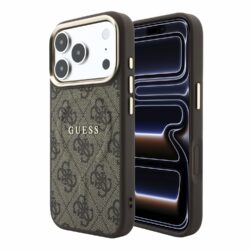 Guess PU Leather 4G Gold Frame Embossed MagSafe hoesje voor iPhone 17 Pro Max en iPhone 18 Pro Max - Bruin