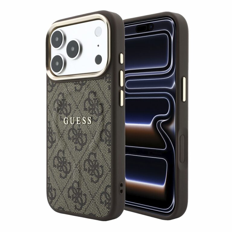 Guess PU Leather 4G Gold Frame Embossed MagSafe hoesje voor iPhone 17 Pro Max en iPhone 18 Pro Max - Bruin