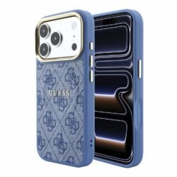 Guess PU Leather 4G Gold Frame Embossed MagSafe hoesje voor iPhone 17 Pro en iPhone 18 Pro - Blauw