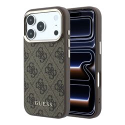 Guess PU Leather 4G Gold Frame MagSafe Hoesje iPhone 18 Pro Max / 17 Pro Max - Bruin