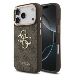 Guess PU Leather 4G Metal Logo Gold Frame Hoesje voor iPhone 17 Pro en iPhone 18 Pro - Bruin