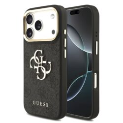 Guess PU Leather 4G Metal Logo Gold Frame Hoesje voor iPhone 17 Pro en iPhone 18 Pro - Zwart