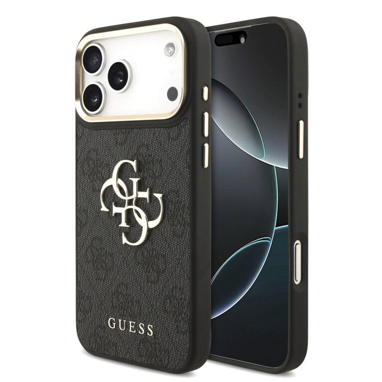 Guess PU Leather 4G Metal Logo Gold Frame hoesje voor iPhone 17 Pro Max en iPhone 18 Pro Max - Zwart
