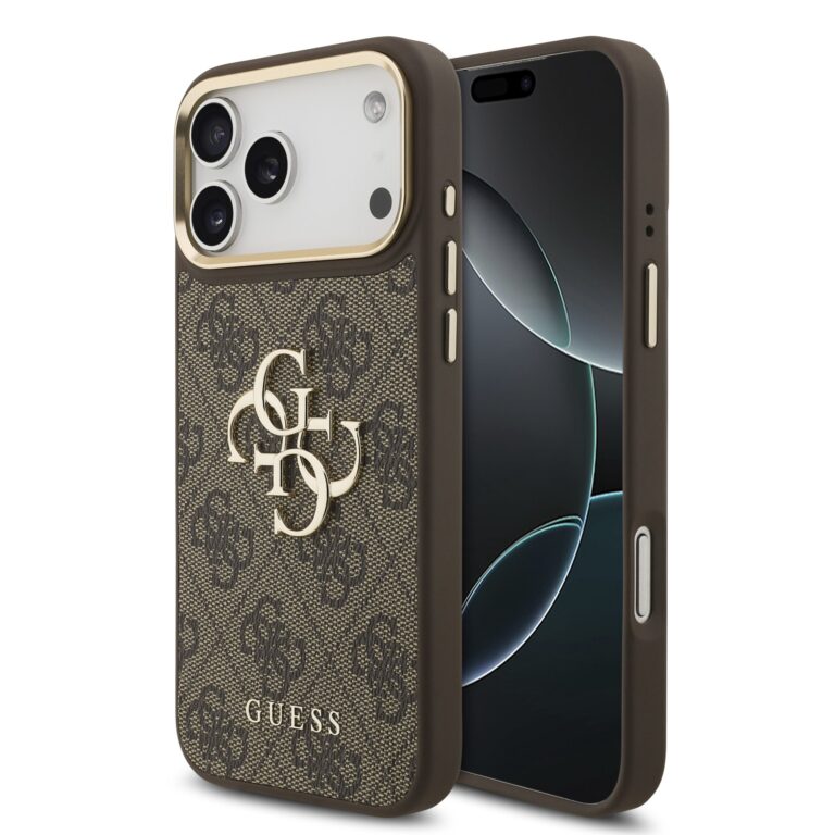 Guess PU Leather 4G Metal Logo Gold Frame hoesje voor iPhone 18 Pro Max en iPhone 17 Pro Max - Bruin