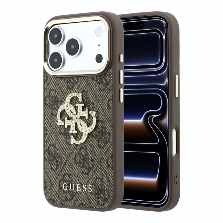 Guess 4G Strass Metal Logo hoesje voor iPhone 17 Pro Max en iPhone 18 Pro Max - Bruin