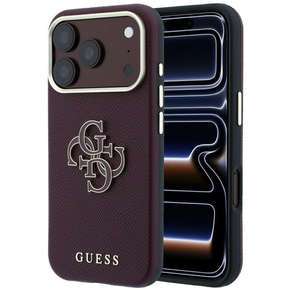 Guess Grained & Big Resin Logo hoesje voor iPhone 17 Pro en iPhone 18 Pro bordeauxrood