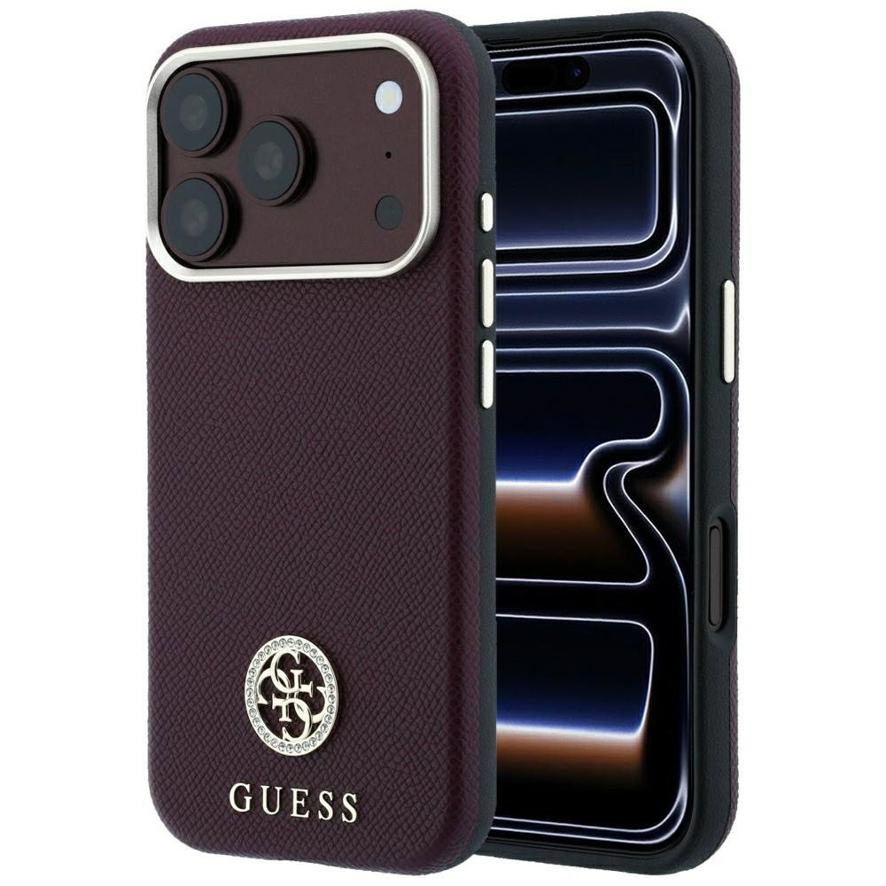 Guess Grained Round Strass Logo hoesje met MagSafe voor iPhone 17 Pro en iPhone 18 Pro in rood