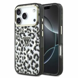 Guess IML Glitter Leopard Triangle Logo MagSafe backcover voor iPhone 17 Pro en iPhone 18 Pro - Zwart