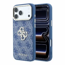 Guess PU 4G Strass Metal Logo hoesje voor iPhone 17 Pro en iPhone 18 Pro - Blauw