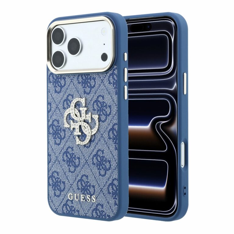 Guess PU 4G Strass Metal Logo hoesje voor iPhone 17 Pro en iPhone 18 Pro - Blauw