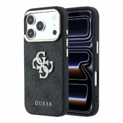 Guess PU 4G Strass Metal Logo hoesje voor iPhone 17 Pro en iPhone 18 Pro - Zwart
