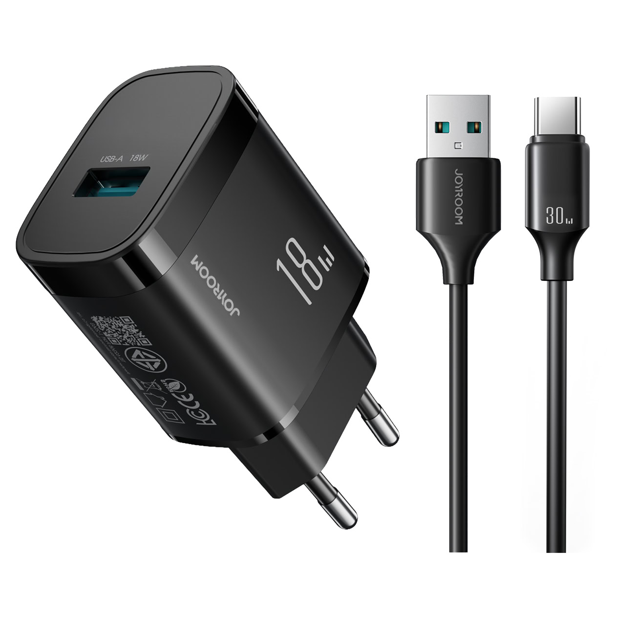 Joyroom 18W USB-snellader met 1 m USB-A-naar-USB-C-kabel 3A - Zwart