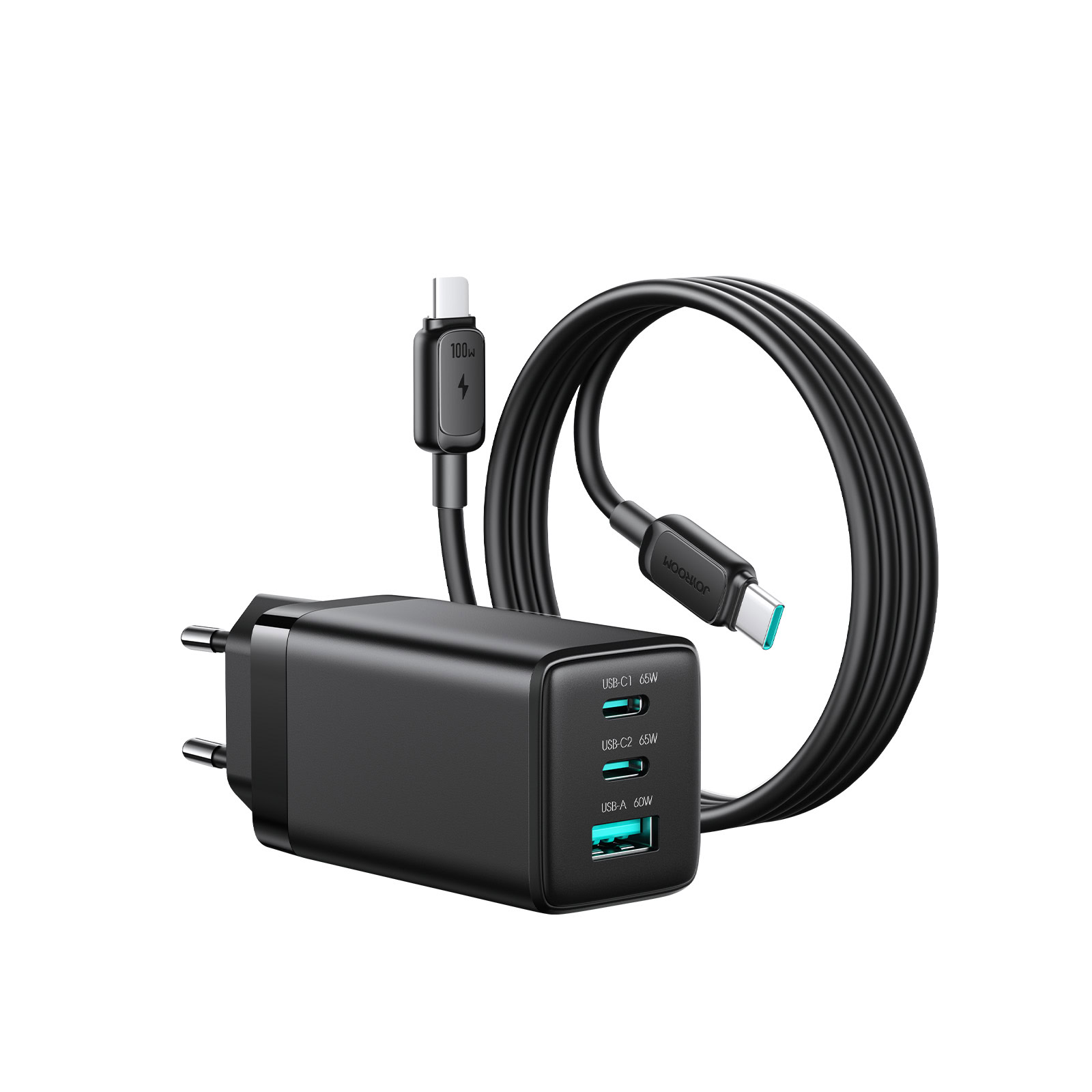Joyroom 65W GaN-oplader met 1,2 meter USB-C-kabel 100W - Zwart