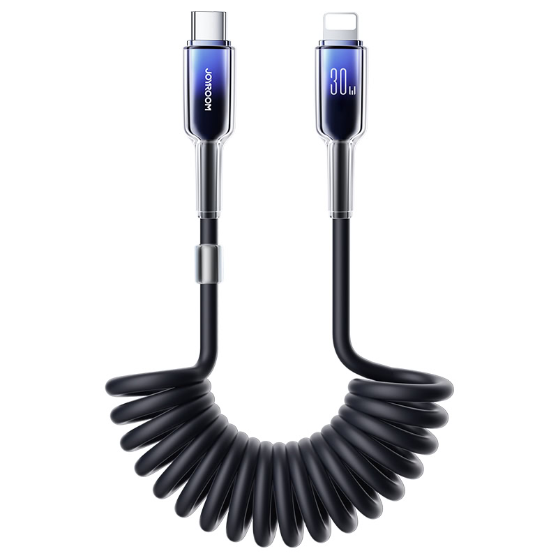Joyroom Crystal-Clear USB-C naar Lightning spiraalkabel 30W 1,5 meter zwart