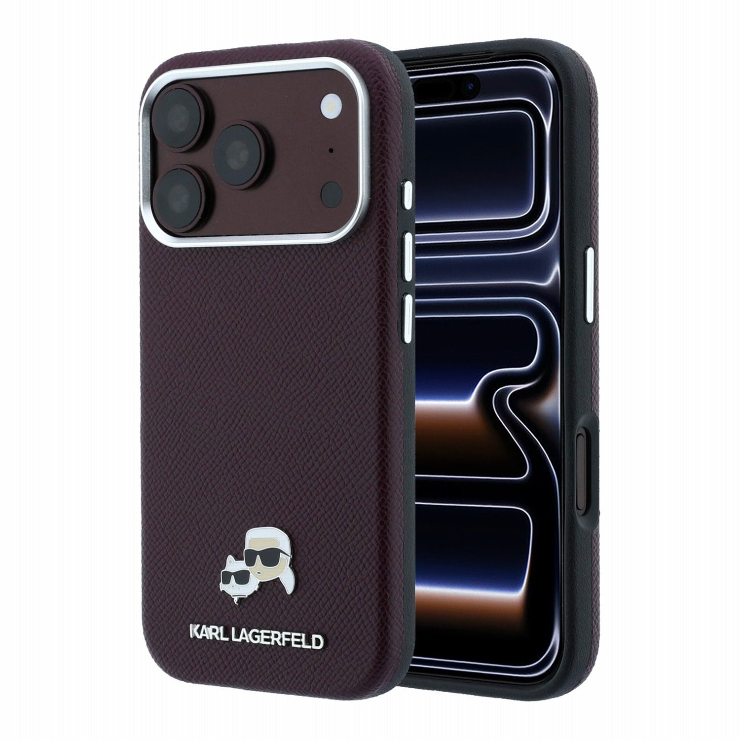 Karl Lagerfeld PU Grained Semi Wrap K&CH Heads MagSafe hoesje voor iPhone 17 Pro Max en iPhone 18 Pro Max, rood