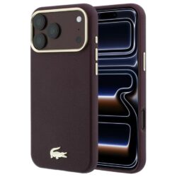 Lacoste Champs-Élysées kunstleren MagSafe hoesje met gouden logo voor iPhone 17 Pro en iPhone 18 Pro, bordeaux