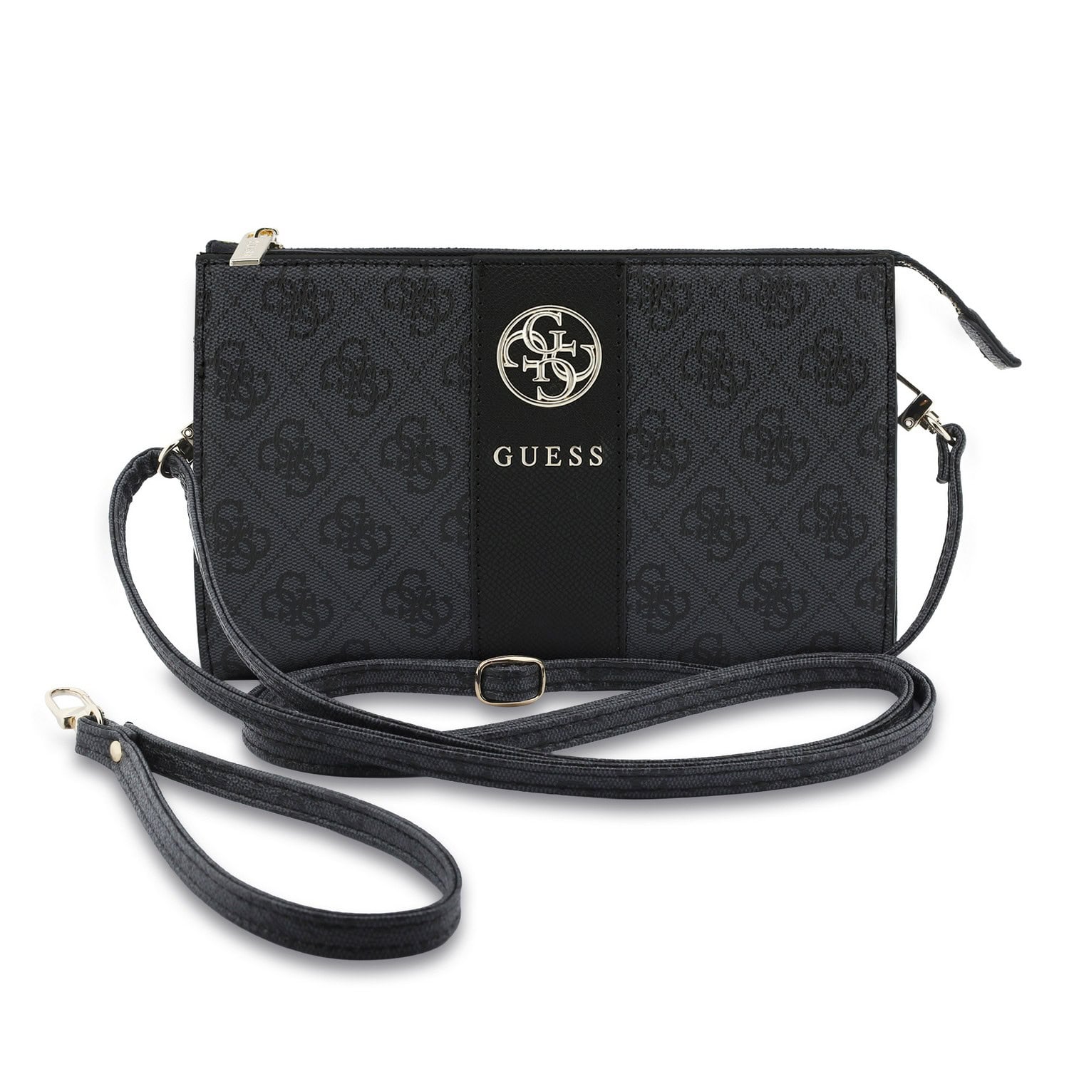 Guess PU 4G Stripe Metal Logo Zwarte Handtas met Afneembare Schouderriem