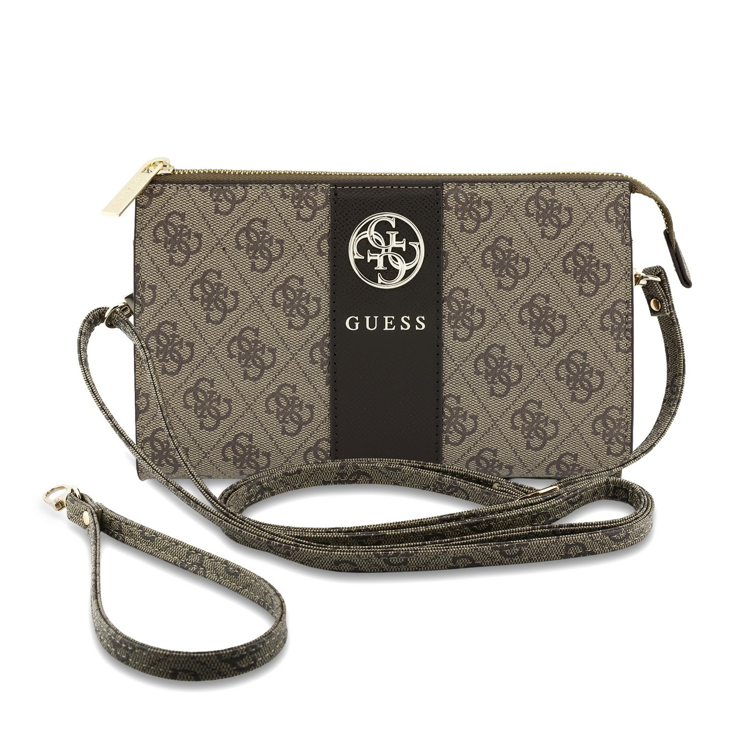 Guess PU 4G Stripe Metal Logo Handtas Bruin met Afneembare Schouderriem